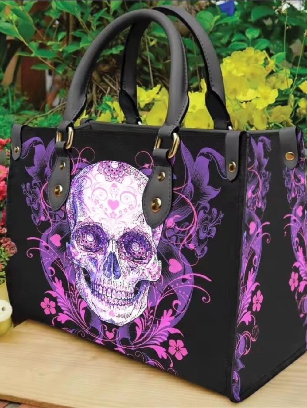 Black Tote with Purple and Pink Skull Artwork